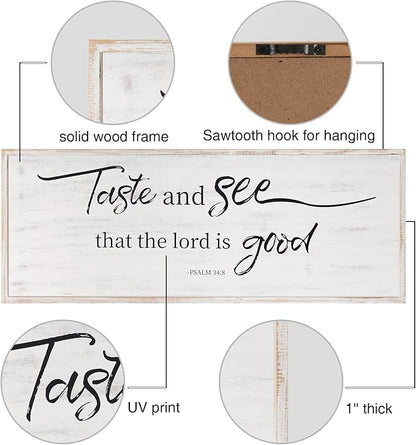Taste And See That The Lord Is Good Bible Verses Framed Wall Sign For Family Living Room Kitchen Farmhouse Dining Room Vintage Boho Wall Art Decoration For Living Room Bedroom, 40 X 15 Inch, White