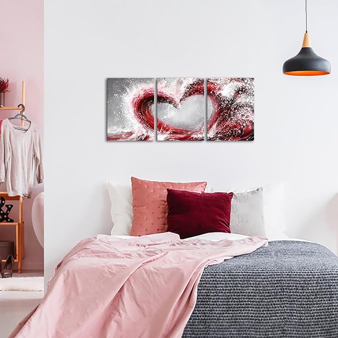 HOMEOART Bedroom Wall Art Ocean Wave Painting Love Sign Wall Decor Framed Artwork Bathroom Bedroom Living Room Decor (Red)