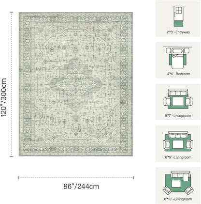 Rugxara 8x10 Washable Area Rug for Living Room, Extra Large Vintage Boho Rugs for Office, Kids Room, Farmhouse, Durable Low Pile Non Slip Carpet for High Traffic Areas, Sage Green
