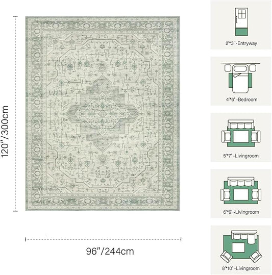 Rugxara 8x10 Washable Area Rug for Living Room, Extra Large Vintage Boho Rugs for Office, Kids Room, Farmhouse, Durable Low Pile Non Slip Carpet for High Traffic Areas, Sage Green