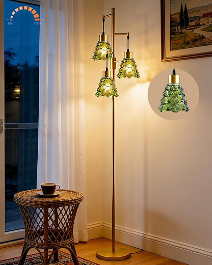 3-Light Modern Glass Floor Lamp, Gold Standing Tall Lamp with Green Pinecone Glass Shade for Reading, Dimmable LED Floor Lamp with 5Lbs Heavy Base for Living Room Bedroom Home Decor, Bulb Included