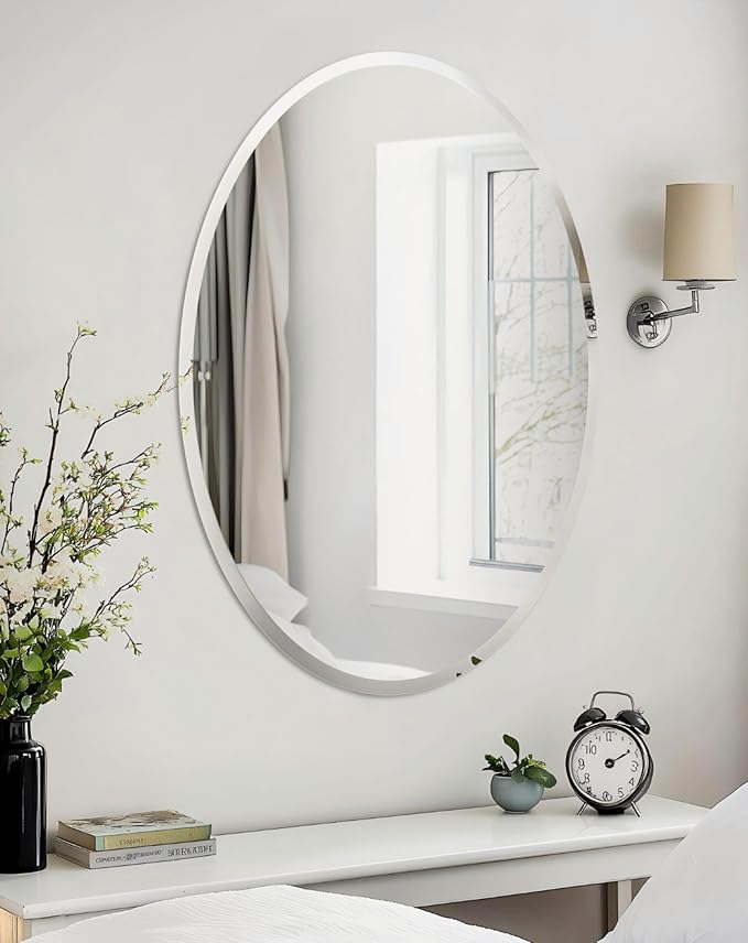 Frameless Oval Wall Mirror: Decorative Elliptical Mirrored Glass Vanity with Beveled Silver Edge for Bathroom Bedroom Livingroom Dining Room Entryway Hallway, 28 x 20 inch