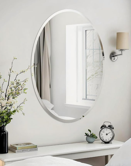 Frameless Oval Wall Mirror: Decorative Elliptical Mirrored Glass Vanity with Beveled Silver Edge for Bathroom Bedroom Livingroom Dining Room Entryway Hallway, 28 x 20 inch
