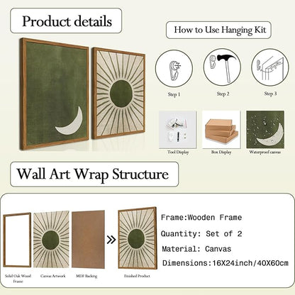 Framed Boho Sun and Moon Canvas Wall Art Set of 2, Vintage Sage Green Bohemian Pictures Wall Decor, Mid Century Modern Abstract Minimalist Paintings Prints for Living Room Bedroom Office 16x24 inch
