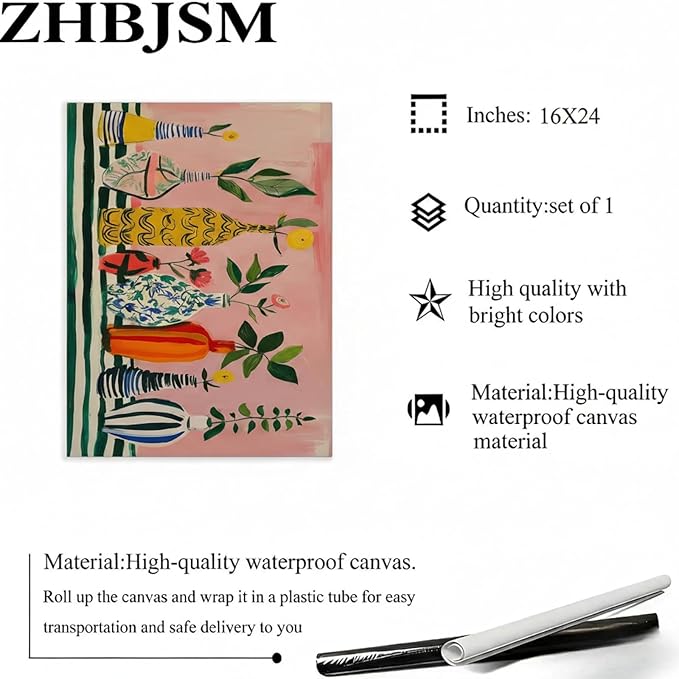 ZHBJSM Colorful Flower Bottle Wall Art Boho Vibrant Patterned Poster Chic Retro Bold Print Decor Playful Maximalist Dopamine Art Aesthetic Prints for Bedroom Living Room 16x24 Inch Unframed