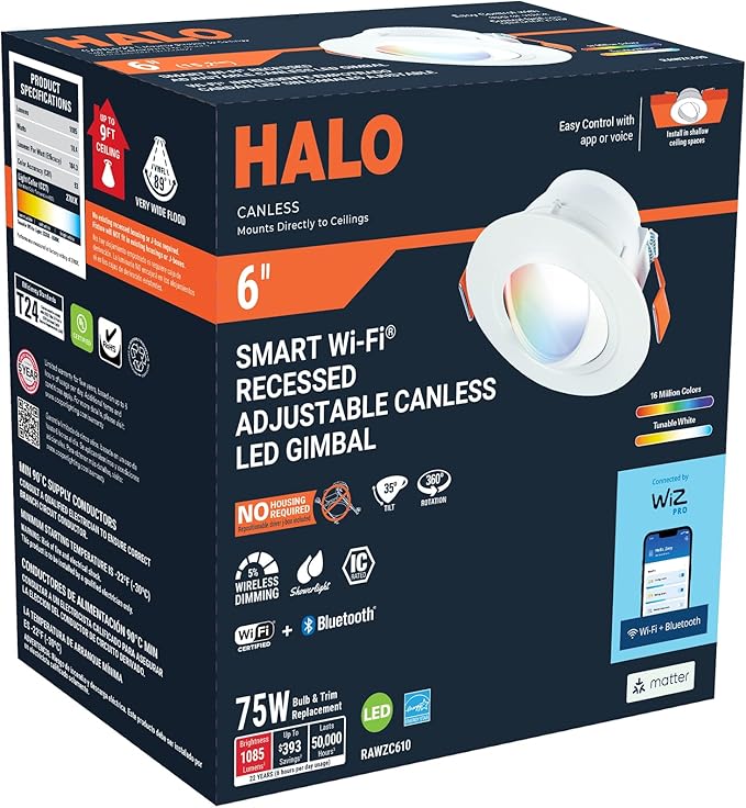 HALO 6 in Smart Wi-Fi Canless LED Recessed Downlight Connected by WiZ Pro with Adjustable Gimbal, Dimmable Full Color Changing, SpaceSense Motion Detection, Smart Home Compatible - RAWZC610