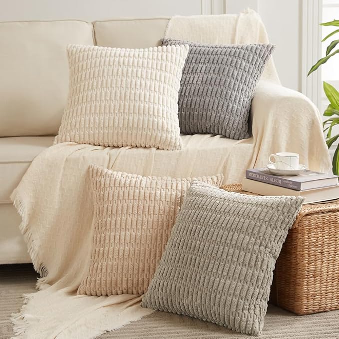 Fancy Homi 4 Packs Decorative Throw Pillow Covers for Living Room Couch Bed, Modern Farmhouse Boho Home Décor Accent Cushion Case, 14" x 14", Neutral