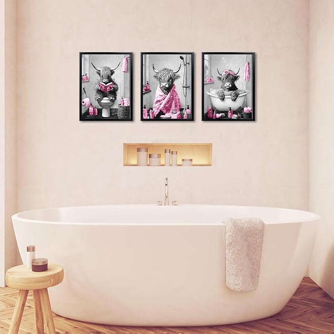 sechars Highland Cow Bathroom Wall Art 3 Piece Funny Bathroom Pictures Canvas Print Grey and Pink Decor (Pink)