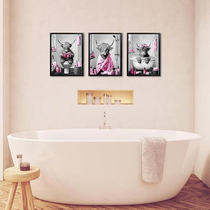 sechars Highland Cow Bathroom Wall Art 3 Piece Funny Bathroom Pictures Canvas Print Grey and Pink Decor (Pink)