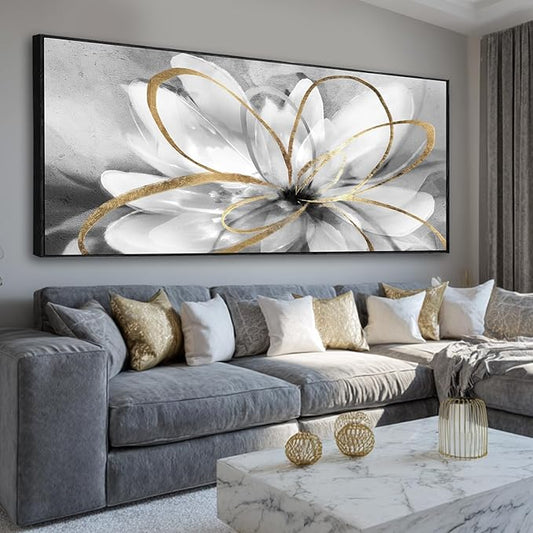 Grey Home Wall Decor Modern Canvas Prints White Flower Framed Wall Art 32"x70" Large Artwork for Living Room Pictures for Office