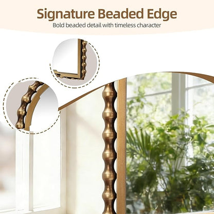 40x30 Inch Wide Arch Wall Mirror, Antique Gold Beaded Frame, Large Horizontal Mantel Mirror for Fireplace, Living Room or Sofa Wall, Decorative Wall Mounted Mirror