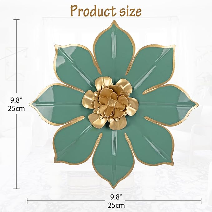 10" Metal Flowers Wall Decor, Green & Gold 3D Floral Metal Wall Art Decor for Inoor & Outdoor Use, Vintage & Modern Walls Arts for Bathroom, Living Room, Bedroom, Office, Garden, Patio, Porch, 1 Piece