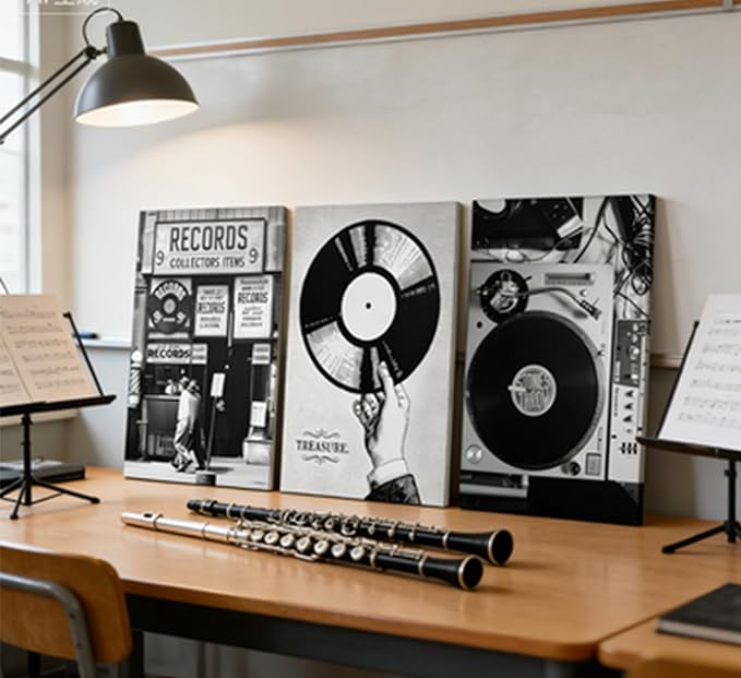 Vintage Music Canvas Wall Art Fashion Black And White Photography Preppy Vinyl Record Painting Picture Wall Decor Bar Rock Music Lovers Poster Print Artwork for Recording Studio Club Home Decoration