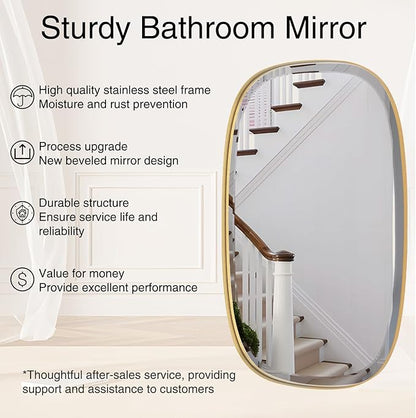 POZINO Gold Beveled Mirror, 28"x48" Modern Rounded Rectangle Mirrors, Large Brass Oval Mirrors, Oblong Vanity Wall Mirror for Bedroom Living Room Entryway Fireplace, Hangs Horizontal Or Vertical
