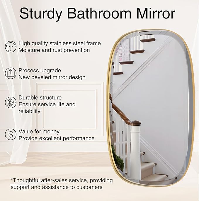 POZINO Brushed Gold Beveled Mirror, 24"x40" Modern Rectangle Mirrors with Stainless Steel Frame, Brass Oblong Vanity Wall Mirror for Bathroom Living Room Entryway, Hangs Vertically or Horizontally
