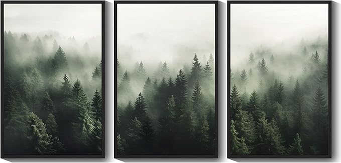 PHOPAGO Green Fog Pine Tree Framed Wall Art Huge 24x36in Nature Misty Nordic Forests Artwork Morden Paints for Living Room Bedroom Decor - Black Framed