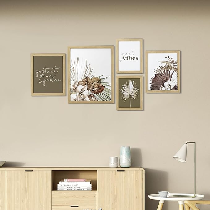 ArtbyHannah Gallery Wall Frame Set, 5 Piece Neutral Picture Frames Collage Set with Art Prints for Stairway Living Room Wall Decor, Multi-Size 11''x14'' 8''x10'' 6''x8''