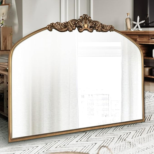 OUSHUAI Gold Antique Arched Mirror, Victorian Bronze with Full Matel Frame, Wall Arch Mirror for Entryway/Bathroom/Fireplace 36"X30"
