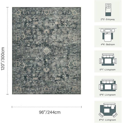 Rugxara 8x10 Area Rugs for Living Room Bedroom, Large Washable Rug, Blue Vintage Retro Boho Rug, Non Slip & Low Pile Faux Wool Thin Carpet for Indoor Dining Room and Kids Room(Blue 8x10ft)