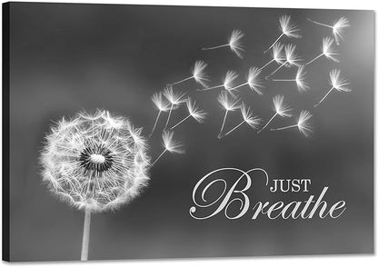 SKASNFAI Black and White Dandelion Zen Wall Art Canvas Just Breathe Motivation Positive Picture Art Print for Spa Yoga Meditation Wall Decor Ready to Hang (12L x 16W)
