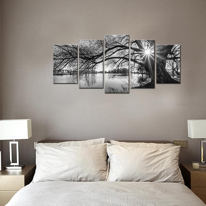 sechars - 5 Pieces Wall Art,Old Tree by Lake Picture Canvas Prints Sunrise Painting Black and White Landscape Canvas Art,Modern Wall Decoration,Framed and Ready to Hang