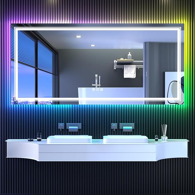 Snowdool LED Mirror for Bathroom, 72"X32" with 8 RGB Backlit +3 Front Lit (Adjustable Individually), Anti-Fog, Large Lighted Bathroom Vanity Mirror for Wall,Shatterproof,Memory Function,Tempered Glass