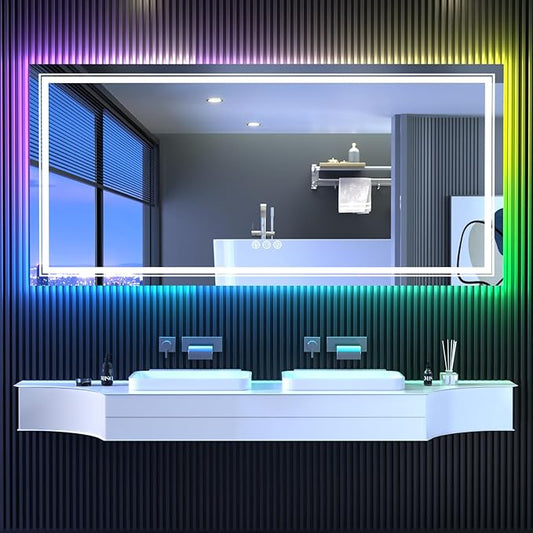 Snowdool LED Mirror for Bathroom, 72"X32" with 8 RGB Backlit +3 Front Lit (Adjustable Individually), Anti-Fog, Large Lighted Bathroom Vanity Mirror for Wall,Shatterproof,Memory Function,Tempered Glass