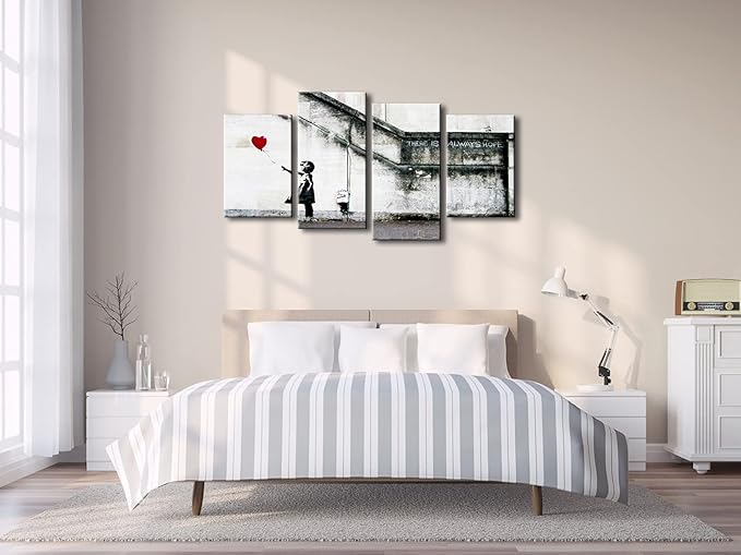 Wieco Art Famous Canvas Paintings Wall Art Banksy Grafitti Girl with Red Balloon Modern Large 4 Piece Inspirational Grey Love Giclee Pictures Print Artwork for Dining Room Kitchen Home Office Decor