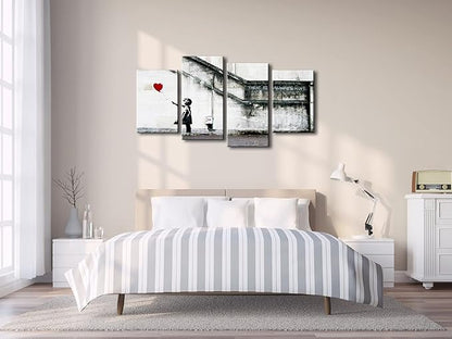Wieco Art Famous Canvas Paintings Wall Art Banksy Grafitti Girl with Red Balloon Modern Large 4 Piece Inspirational Grey Love Giclee Pictures Print Artwork for Dining Room Kitchen Home Office Decor