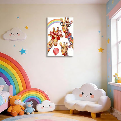 16x24 Inch Graffiti Giraffe Canvas Wall Art - Watercolor Rainbow Giraffe Family Poster with Glasses Balloon - Framed Funny Animal Wall Decor Prints for Kids Bedroom Nursery Bathroom Playroom