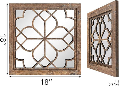 Set of 2 18 Inch Large Square Redbrown Window Pane Wall Mirrors, Shatterproof Rustic Farmhouse Boho Vintage Accent Mirrors for Living Room, Bedroom, Bathroom, Entryway & Home Decor