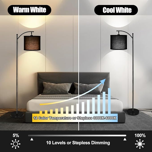 mukuxin LED Floor Lamps for Living Room, 12W 1200LM Modern Arc Floor Lamp with Remote & Adjustable Linen Lampshade, 12 Color Temperature Stepless Dimmable Tall Standing Lamp (Black)