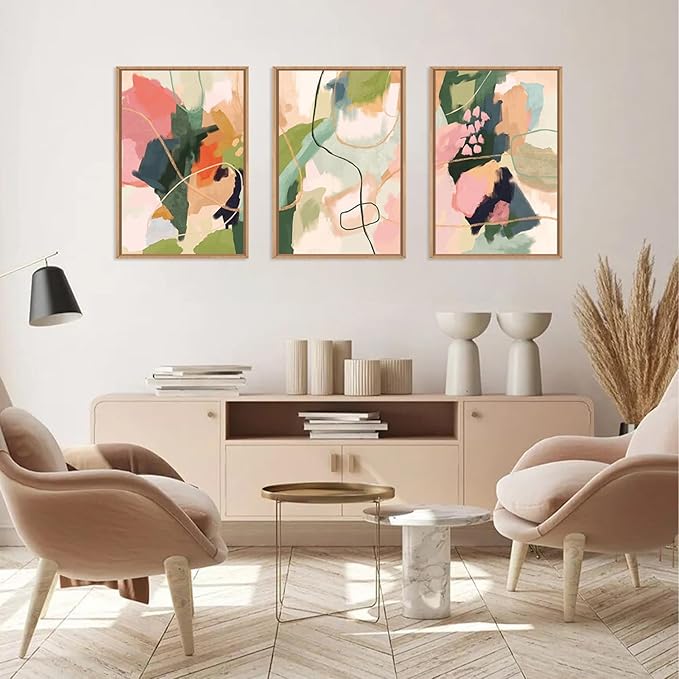 Colorful Abstract Framed Canvas Wall Art Set,Modern Multicolor Pastel Minimalist Line Wall Decor,Boho Green and Pink Painting for Living Room,Bedroom-24 x36 x3