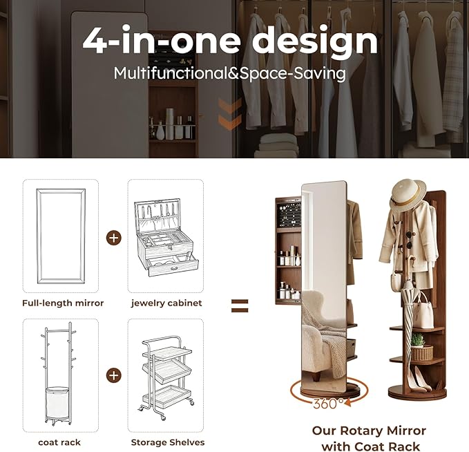69" H×20" W Solid Wood Mirror Jewelry Cabinet,360°Swivel Jewelry Organizer,Jewelry Armoire Cabinet Standing,Full Length Mirror with Storage&Coat Rack,Walnut