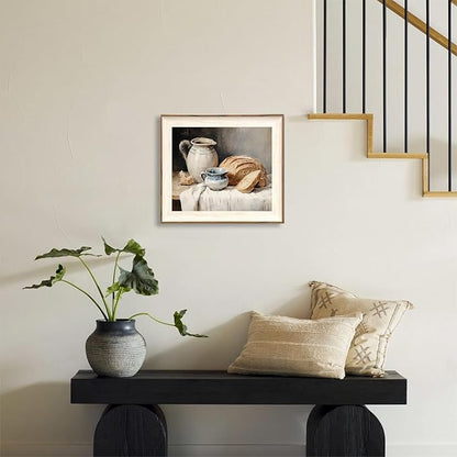 ASTRDECOR Framed Kitchen Wall Art, Modern Muted Still Life Painting Farmhouse Wall Decor, Sourdough Bread Canvas Wall Art Prints, Rustic Jars White Tablecloth Country Wall Decor Living Room-10''x 12''
