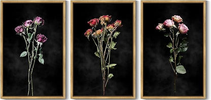 Drsoum Vintage Dark Moody Flower Bouquet Wall Art Framed Retro Wildflower Botanical Prints Modern Nature Plant Floral Rustic Artwork Bedroom Living Room Ready to Hang 24x36in Natural Framed