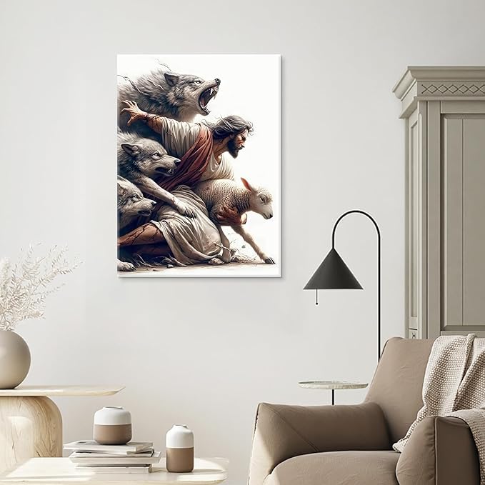 Jesus and Lamb Wall Art Jesus Saves the Lost Sheep Christian Picture Wall Decor Shepherd Protect a Lamb from Wolves Painting Poster Print Artwork for Living Room Bedroom Church Decor 12X16 in canvas