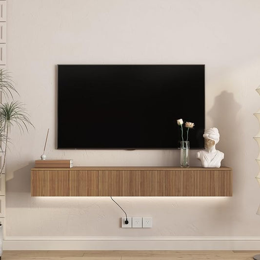 KEIKI 65" Floating TV Stand Wall Mounted with 16 Color LEDs & Power Outlets for TVs Up to 70 Inch, Wooden Media Console Entertainment Center Television Table Cabinet for Living Room, Bedroom