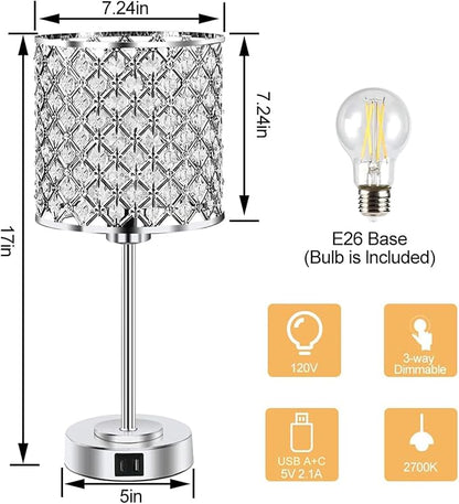 Crystal Table Bedside Lamp Touch Control, Dimmable Small Nightstand Lamp Set of 2 with USB-C+A Charging Ports, Decorative Silver Tabletop Lamp for Bedroom Living Room Guest Room, Bulbs Included