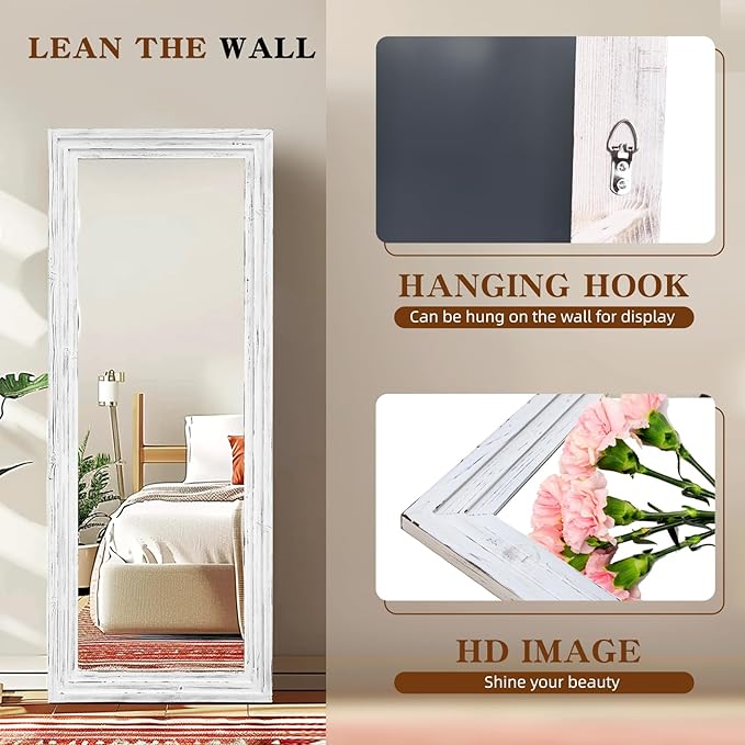Full Length Mirror 58"x22" Solid Wood Frame Floor Large Mirror for Living Room, Bedroom Hanging or Leaning Wall-Mounted, White