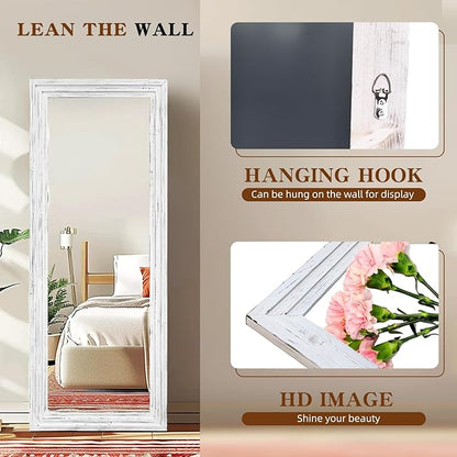 Full Length Mirror 58"x22" Solid Wood Frame Floor Large Mirror for Living Room, Bedroom Hanging or Leaning Wall-Mounted, White