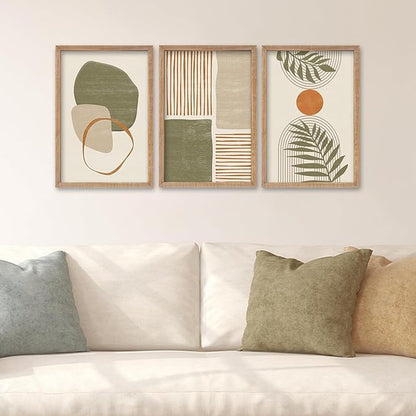 SRSZHIYUE Large Green Abstract Boho Plant Wall Art Neutral Bohemian Set of 3 Wood Framed 24x16 Inch for Living Room Bedroom Wall Decor Hanging (Wood)