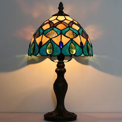 Tiffany Style Lamp Stained Glass Table Lamp 8" x 14.5" Mini Accent Light Blue Phoenix Tail Design Small Decorative Bedside Memory Lamp
