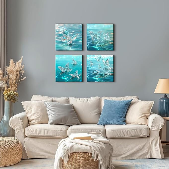 4 Piece Butterfly Wall Art Turquoise Pictures for Bedroom Decor Crystal Butterflies Wall Decor Teal Blue Butterfly Posters Prints Water Scenery Paintings Artwork Living Room Home Decorations 12x12”