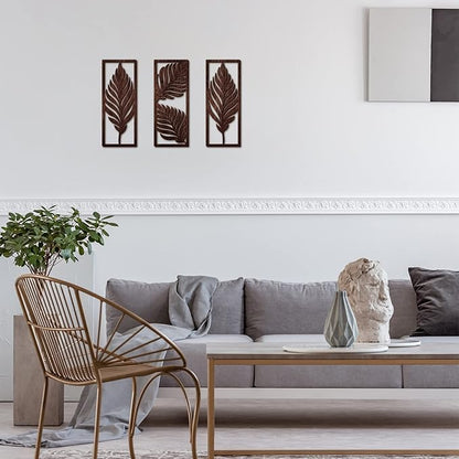 3 Pcs Palm Leaves Wooden Art Wall Decor 14.57 x 5.79 Inch Boho Wood Leaves Plant Wall Accent Vintage Tropical Plant Plaque for Home Bathroom Living Room Bedroom Office Decoration