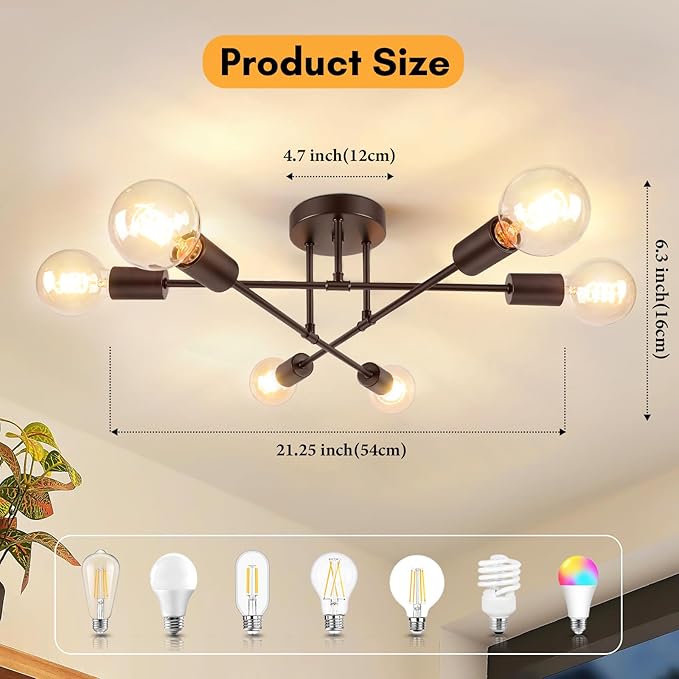 Bosceos Modern Sputnik Chandelier Ceiling Light Fixture 6-Light, Bedroom Light Fixture, Sputnik Lights Fixture for Living Room, Dining Room, Kitchen, Office, Foyer, Hallway (Brown) - E26 Base