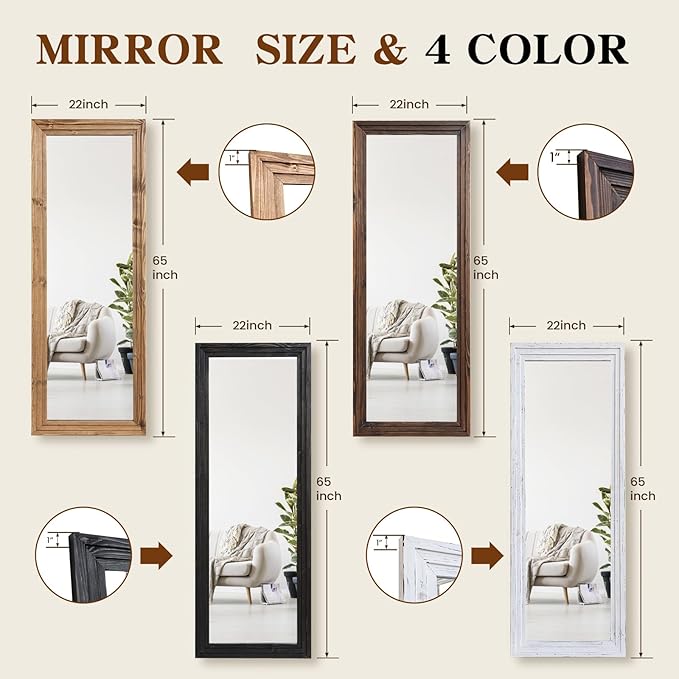 Full Length Mirror 65"x22" with Stand Solid Wood Frame Floor Large Mirror for Living Room, Bedroom Hanging Standing or Leaning Wall-Mounted, Brown