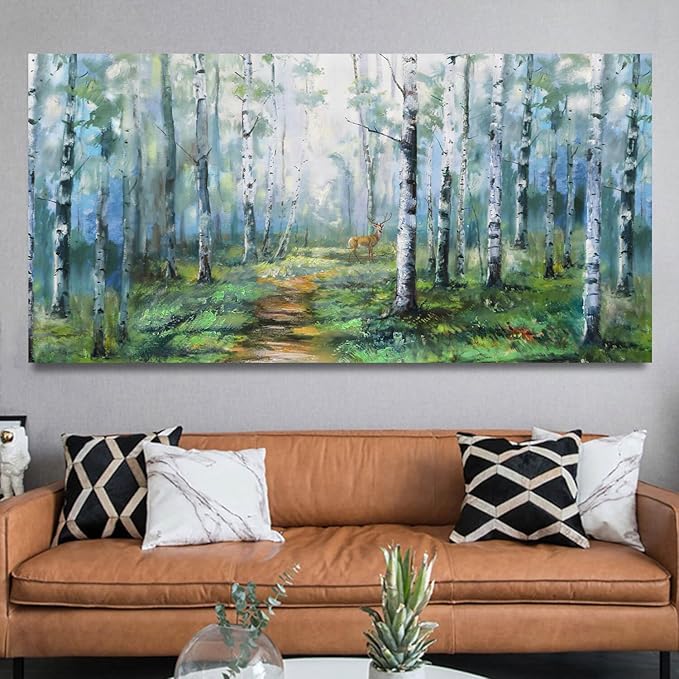 Enartly Birch Tree Wall Art for Living Room, Large Wall Decor Canvas Painting Green Forest Nature Picture Scenery Artwork Textured Framed for Bedroom Hallway Home Office Decoration 58"x29"