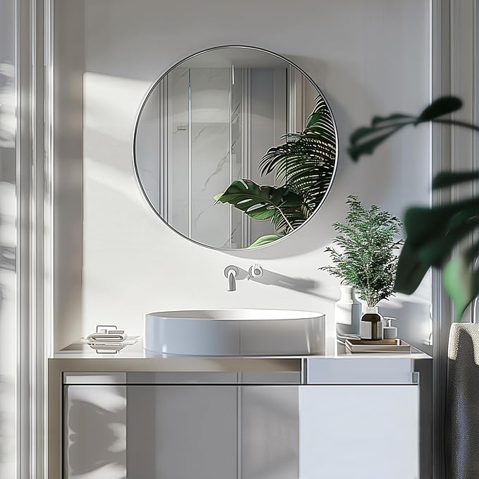 Sunniry Silver Circle Mirror, Round Mirror 20 inch, Round Wall Mirrors with Brushed Aluminum Frame, Circle Mirrors for Living Room, Bathroom, Wall, Hallway.