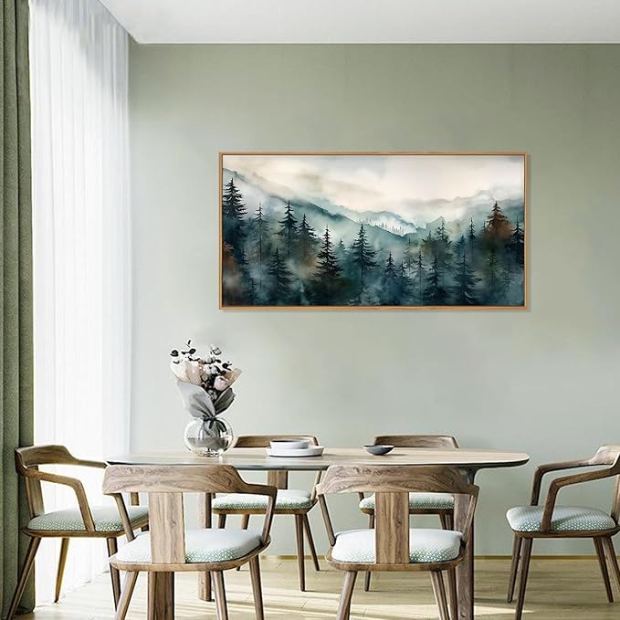 KAIRNE Watercolor Misty Forest Framed Canvas Wall Art Set, Nature Landscape Wall Decor, Foggy Mountain Pine Trees Wall Painting, Jungle Scenery Artwork for Living Room, Bedroom, Office-40 x20 x1